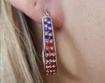 Swarovski Crystal Red, White and Blue Oblong Hoop Earrings set in 925 Sterling Silver (1 1/3"H ) • Gifts for Her • Patriotic Jewelry