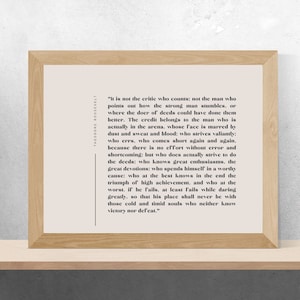 Printable Theodore Roosevelt Quote, Man in the Arena Poem, &quot;It is not the critique who counts&quot;, Minimalist Art, Inspirational Quote Poster