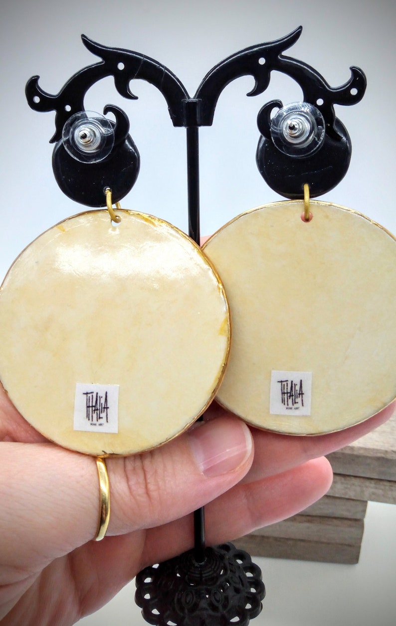 Large earrings with oranges Chic gift. Shiny earrings in epoxy Black and gold earrings Round mobile pendant earrings