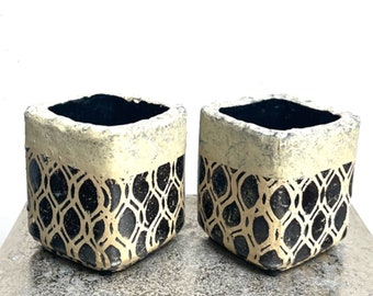 Square Rustic Concrete Black Patterned Semi Glazed Indoor Plant Pots