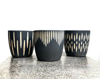 Set of Three Black Patterned  Ceramic Mini Plant Pots - 8cm