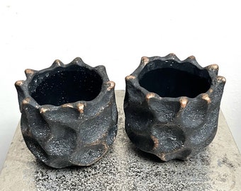 Pair of black and gold cement mini indoor plant pots, perfect for cacti, succulents and small houseplants