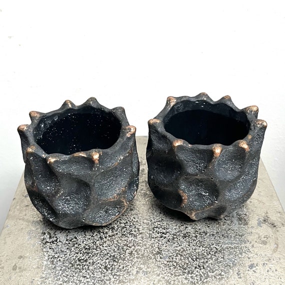 Pair of black and gold cement mini indoor plant pots, perfect for cacti, succulents and small houseplants