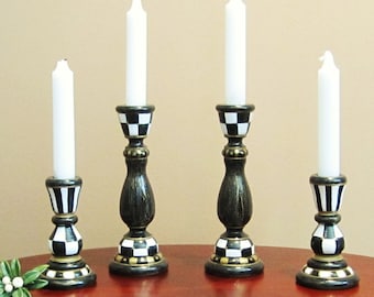 Advent candle holder set with tray Hand painted black white wooden candlesticks