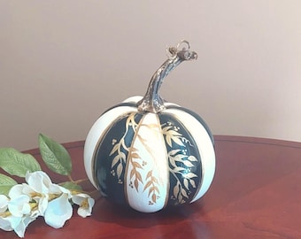Striped Pumpkin Fall Decor, Black & White with Gold Leaf