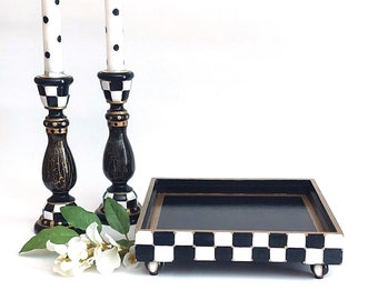 Black and white checkered tray Wooden riser tray for bathroom Oganizer tray