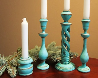 Turquoise Candle holder Rustic wooden candle holder set Advent candle holder Hand painted Candle Holder set of 4