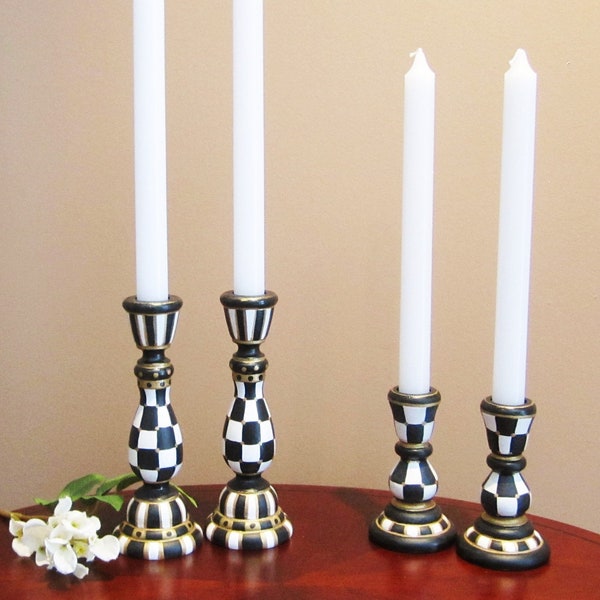 Black white check candle holder set of 2 Hand painted wooden candlesticks Whimsical checks Table centerpieces