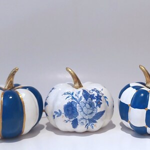 Blue and white pumpkin bowl fillers set of 3 Small pumpkins for tiered tray Chinoiserie fall decor