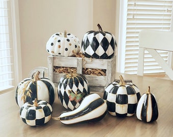 Black white pumpkins Fall pumpkin table centerpiece Checkered fall decor Black and white check pumpkins Medium pumpkin