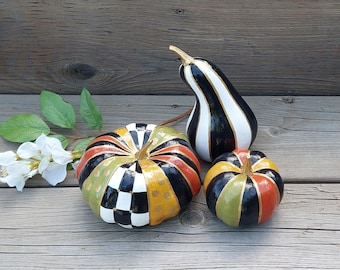 Black and white checkered pumpkin Fall pumpkin table centerpiece for dining table set of 3 Striped  pumpkin Hand painted Halloween pumpkin