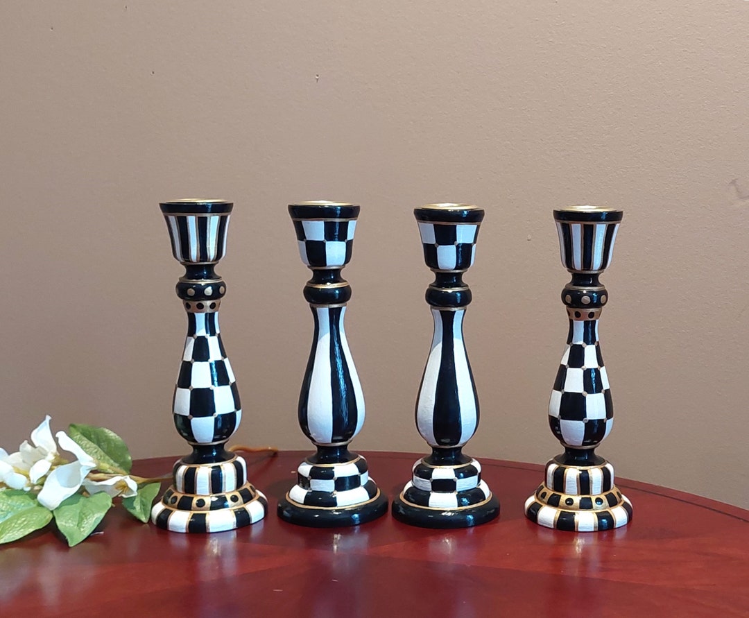 Black and White Checkered Candle Holder Set of 2 Hand Painted Wooden