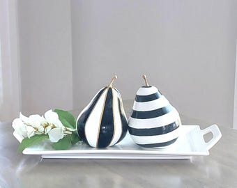 Black and White Pears – Hand‑Painted Set of 2, Decorative Striped Fruit Bowl Fillers