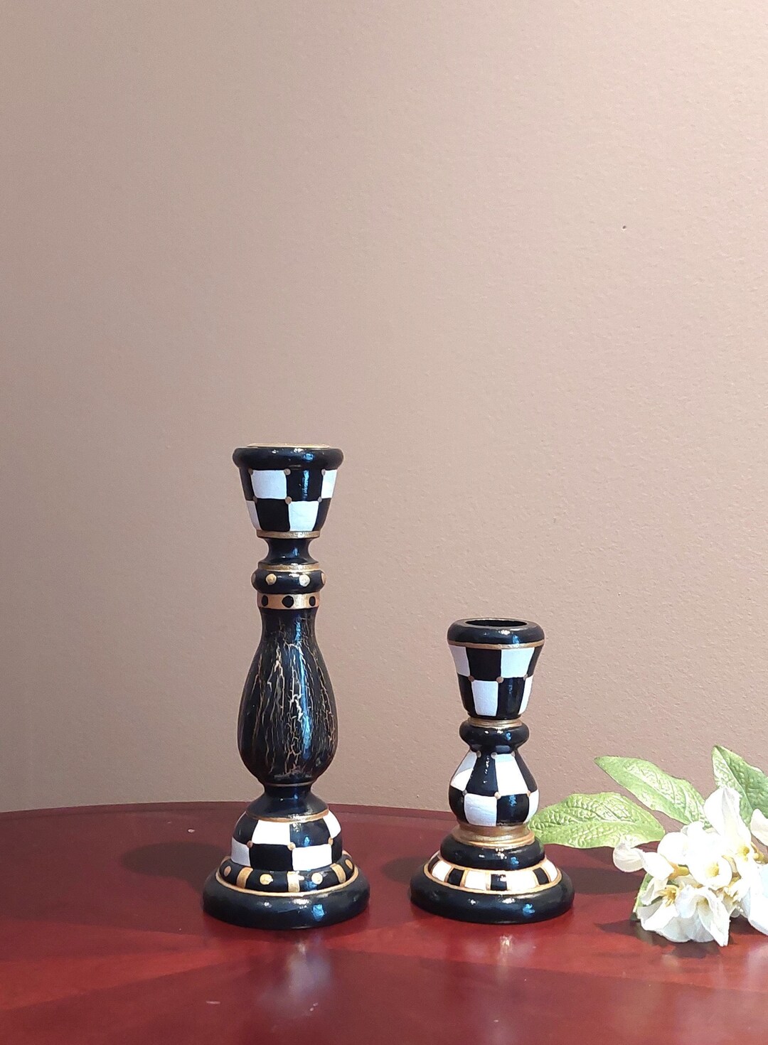 Black and White Checkered Candle Holder Set of 2 Hand Painted Etsy