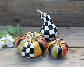 Hand Painted Checkered Pumpkins, Whimsical Fall Decor (Set of 3)