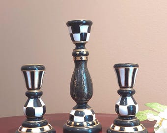 Whimsical Black & White Checkered Taper Candle Holder Set of 3, Hand‑Painted Table Centerpiece