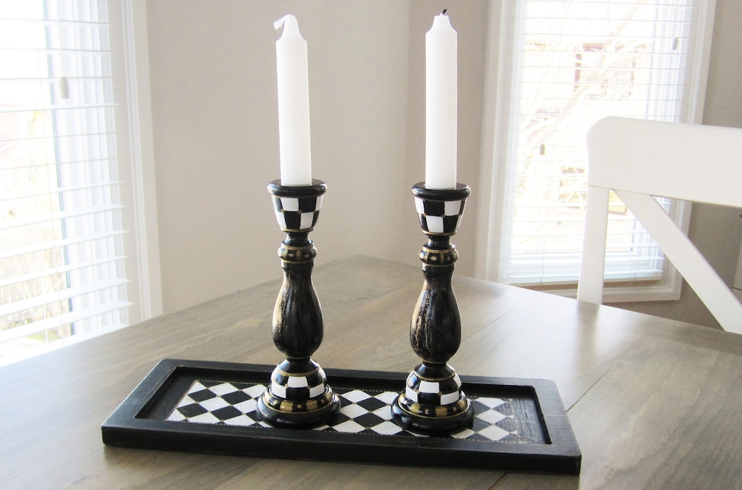 Black White Check Candle Holder Set of 2 Whimsical Checks Hand Etsy