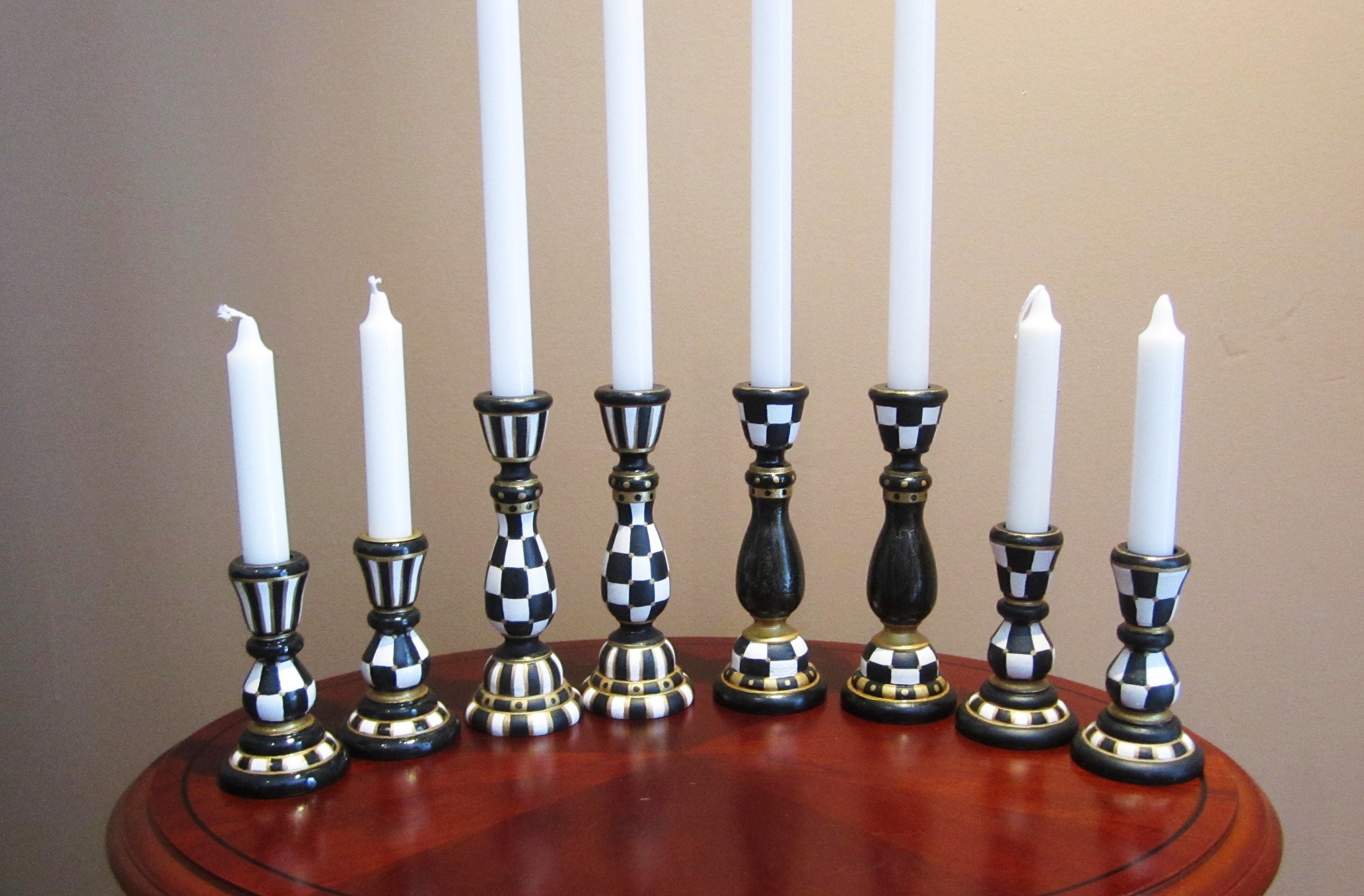 Black White Checkered Candle Holder Hand Painted Wooden Etsy