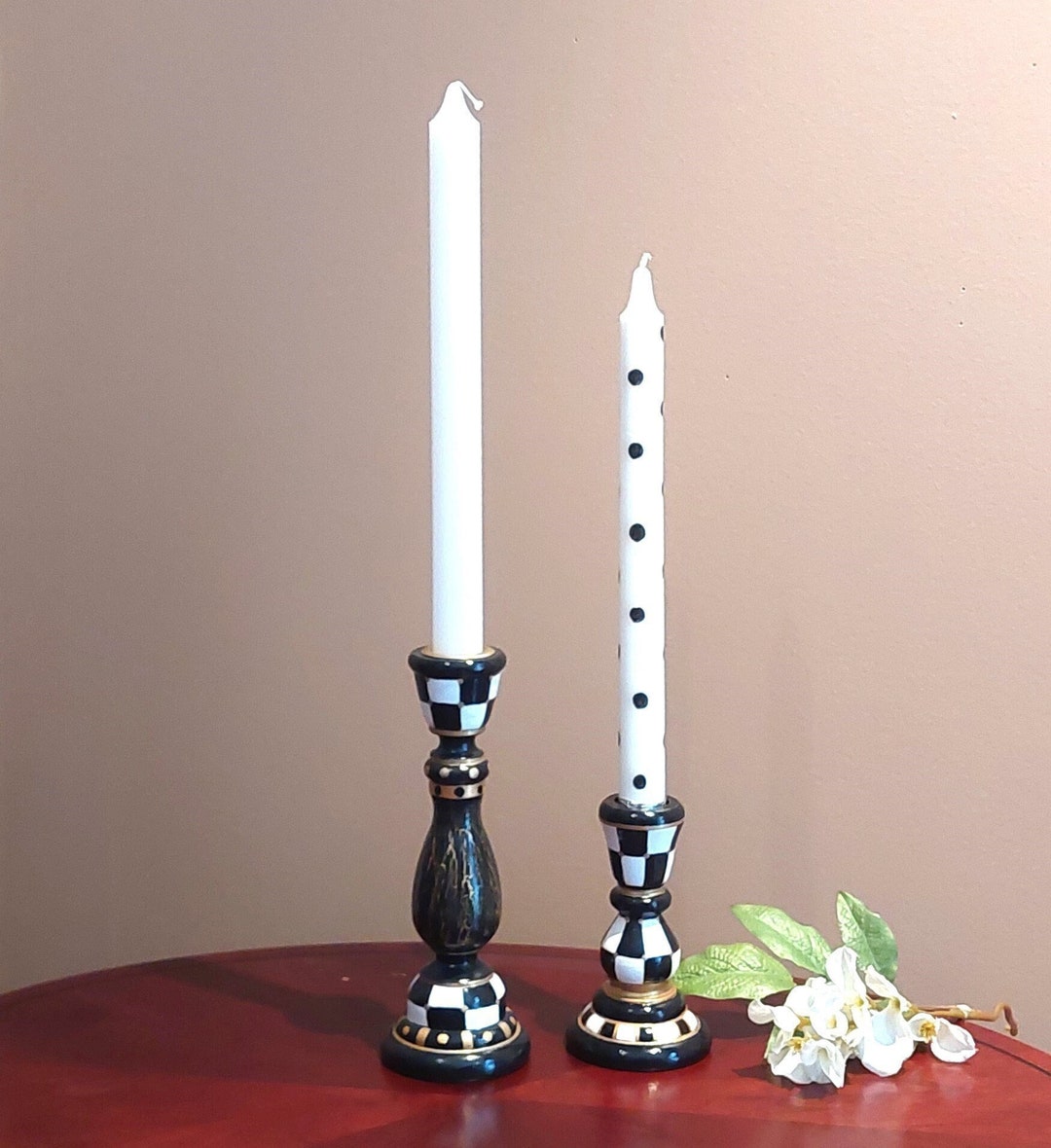 Black and White Checkered Candle Holder Set of 2 Hand Painted Wooden