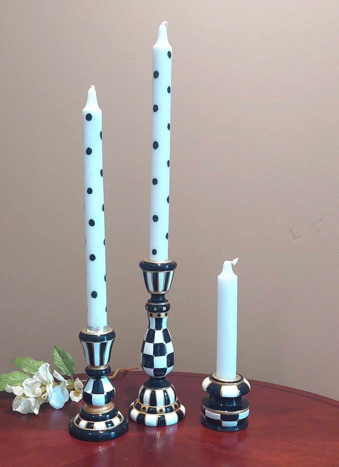 Black and White Checkered Candle Holders Set of 3 Hand Painted Wooden