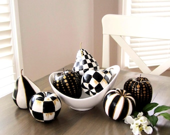 Fruit Bowl Fillers, Black and White Pears and Apples, Hand‑Painted Checkered Home Accent