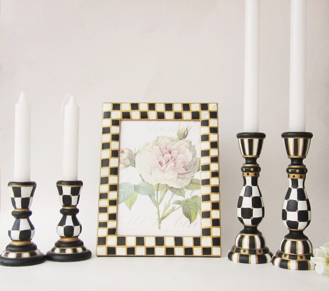 Black White Checkered Candle Holder Hand Painted Wooden Etsy