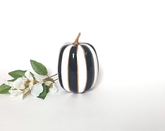 Black and White Striped Pumpkin – Hand-Painted Faux Pumpkin Fall Decor