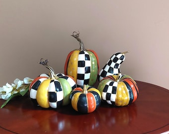 Colorful Pumpkins – Hand-Painted Black & White Checkered and Striped Fall Centerpiece