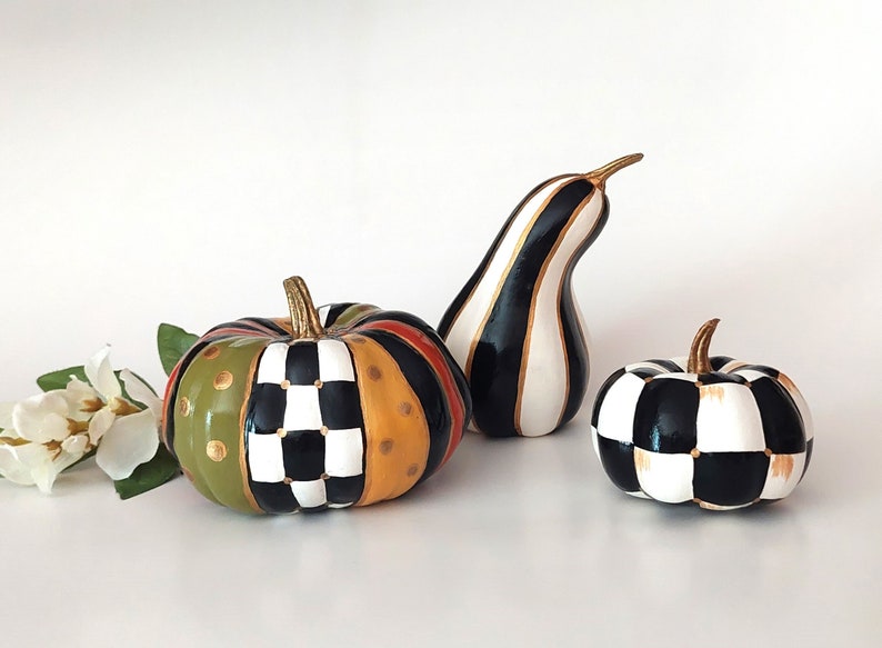 Black and white checkered pumpkin Fall pumpkin table centerpiece Checkered fall table decor Halloween pumpkin image 1