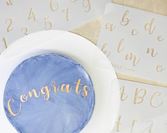 Calligraphy Cake Stencil: Cursive Alphabet & Numbers, 1.5 Inch, Set of 4