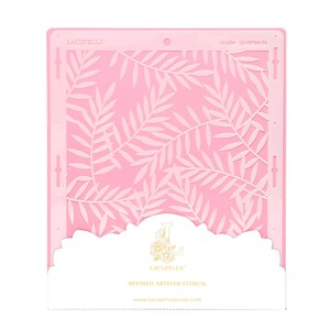 May include: Pink plastic stencil featuring a repeating pattern of white leaves. The stencil is labelled "Lacupella" and "REFINED ARTISAN STENCIL" with the website "www.lacupelladesign.com".