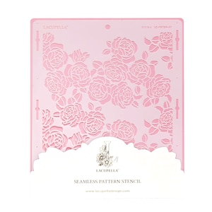 May include: Pink plastic stencil with a repeating pattern of roses. The stencil is labeled "Lacupella Seamless Pattern Stencil" and includes the website address "www.lacupelladesign.com".