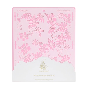 May include: A pink floral stencil with a daisy pattern. The stencil is made of a flexible material and features cut-out designs of various daisy shapes and sizes. The bottom of the stencil has a white label with the brand name and product information.