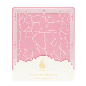 May include: Pink plastic stencil with a white pattern of irregular shapes resembling a stone wall. The stencil is labeled "Lacupella Seamless Pattern Stencil" and "Visco LC-POTEN-3-1".