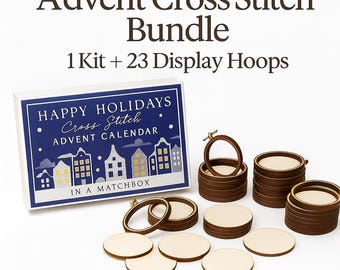 Cross Stitch Advent Calendar Bundle for Adults, 24 Mini Holiday Projects and Display Hoops, Teen Christmas Countdown Gift, Stocking stuffer