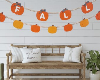 Felt Pumpkin Garland, 48-inch Fall Banner, Farmhouse Halloween Decor