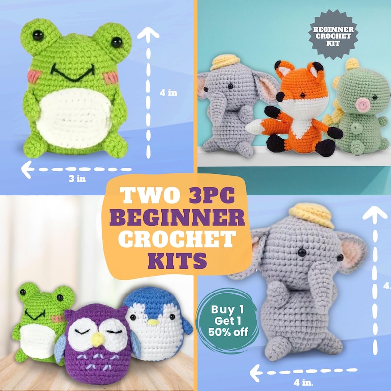 Beginner Crochet KIT - Amigurumi Frog, Easy Crochet Penguin Starter Kit, Amigurumi Plushie Owl, Diy Craft Kit Gift, Learn How To Crochet Kit 6pc Crochet Bundle