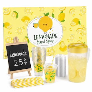 May include: A lemonade stand kit with a yellow and white theme. Includes a chalkboard sign that says "Lemonade 25¢", clear plastic cups, a pitcher, straws, and a backdrop with lemons and the text "Lemonade Stand Squad".