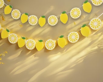 Felt Lemon Garland, 48" Lemonade Stand Banner, Summer Decor with Whole Lemons & Lemon Halves, Fruit Theme Party or Kitchen Decor