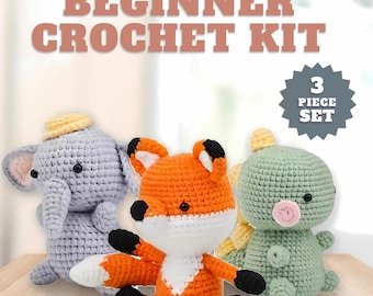 Learn How To Crochet kit, Crochet Dinosaur, Plushie Elephant and Amigurumi Fox Kit, Easy Crochet Gift