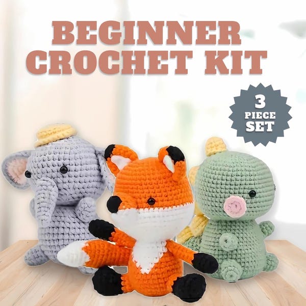 Learn How To Crochet kit, Crochet Dinosaur, Plushie Elephant and Amigurumi Fox Kit, Easy Crochet Gift