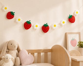 Strawberry Flower Garland, Felt Strawberry Banner, Spring Summer Fruit Party Decor, Strawberry Theme Decor