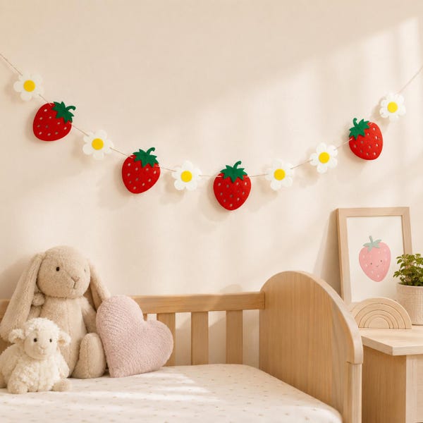 Guirnalda de flores de fresa de fieltro, decoración para fiestas de frutas de primavera y verano.