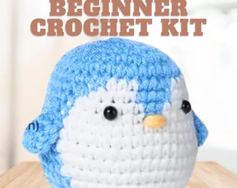 Beginner Crochet Kit-Baby Penguin, Amigurumi Penguin Crochet Pattern Starter Kit, Plushie Craft Kit Gift, Learn How To Crochet DIY Kit
