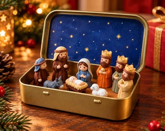 May include: A gold-colored metal tin containing a miniature nativity scene. The set includes small figurines of Mary, Joseph, the baby Jesus in a manger, three wise men, a donkey, and a lamb. The interior lid features a dark blue starry sky.