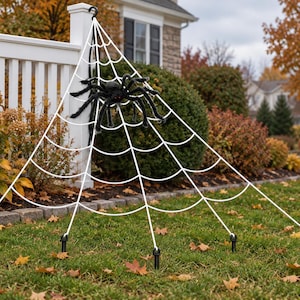 May include: A large white triangular spider web decoration featuring a black spider attached to the center. The web is suspended from a hook at the top and secured to the ground with five black stakes, creating a wide, fan-shaped display.