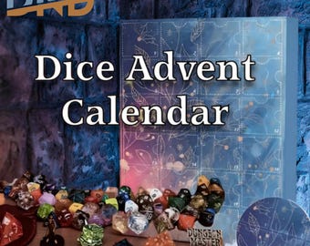 May include: A Dice Advent Calendar with a blue and white floral design. The calendar is open, revealing a collection of colorful dice. The dice are in various shapes and colors, including red, green, and clear. The text "Dungeon Master" is visible.