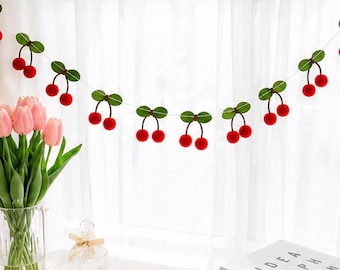 Cherry Garland Decoration, 6.6ft Felt Pompom Cherry Bunting, Cherry Birthday Party Decor, Fruit Wall Hanging, Nursery & Valentine Decor