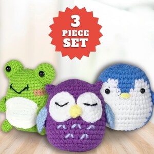 Beginner Crochet KIT - Amigurumi Frog, Easy Crochet Penguin Starter Kit, Amigurumi Plushie Owl, Diy Craft Kit Gift, Learn How To Crochet Kit 3pc Crochet Bundle