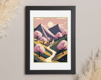 Pink Japanese Mountains | Digital Download 300 DPI | Living Room Decor | Ukiyo-e Art Style | Ocean Abstract